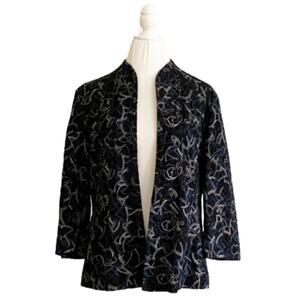 Chico’s Jacket Black Embroidered 3/4 Sleeve Open Front Jacket Blazer Size Medium
